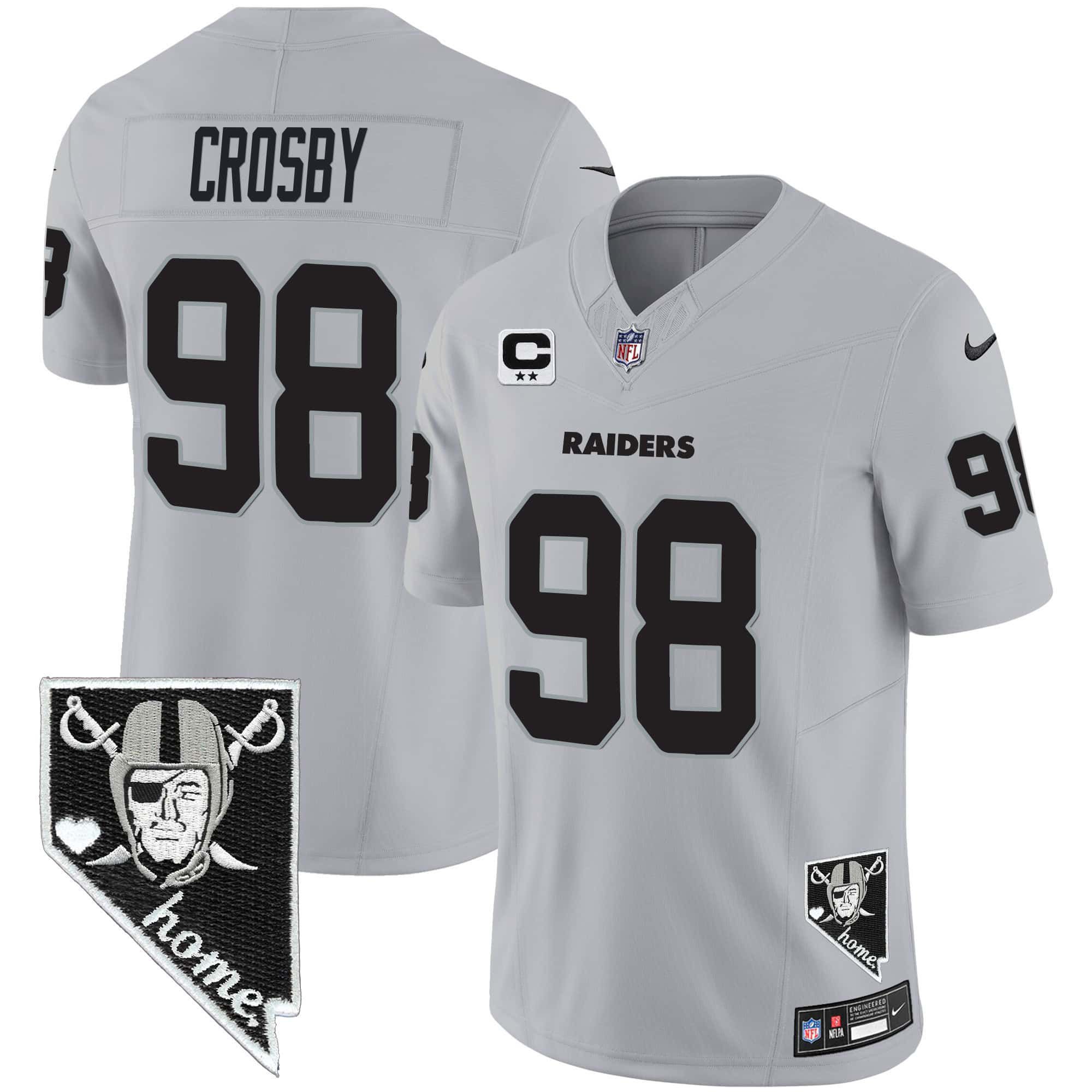 Men Oakland Raiders 98 Crosby Grey 2024 Nike Nevada Home Patch Vapor NFL Jersey